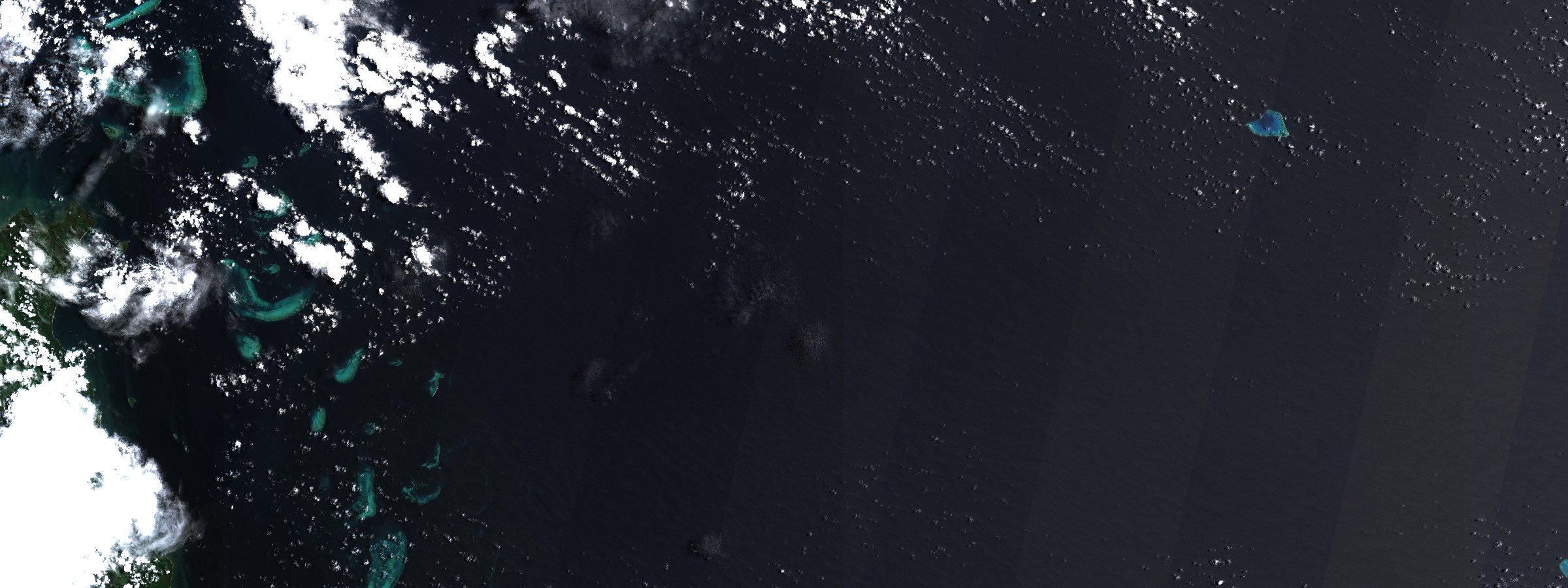 Sentinel-2 L2A surface reflectance, bands B04/B03/B02. The Great Barrier Reef, off the Queensland coast, 26 February 2026. Coral cover cannot be read from this image and is not being read from it. The survey the piece argues about is a manta tow count, made in the water, and nothing here corroborates or contradicts it.