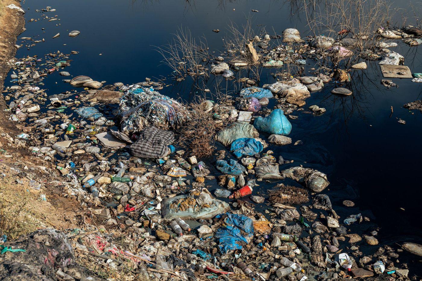 A riverbank with murky brown water lapping against debris-strewn ground