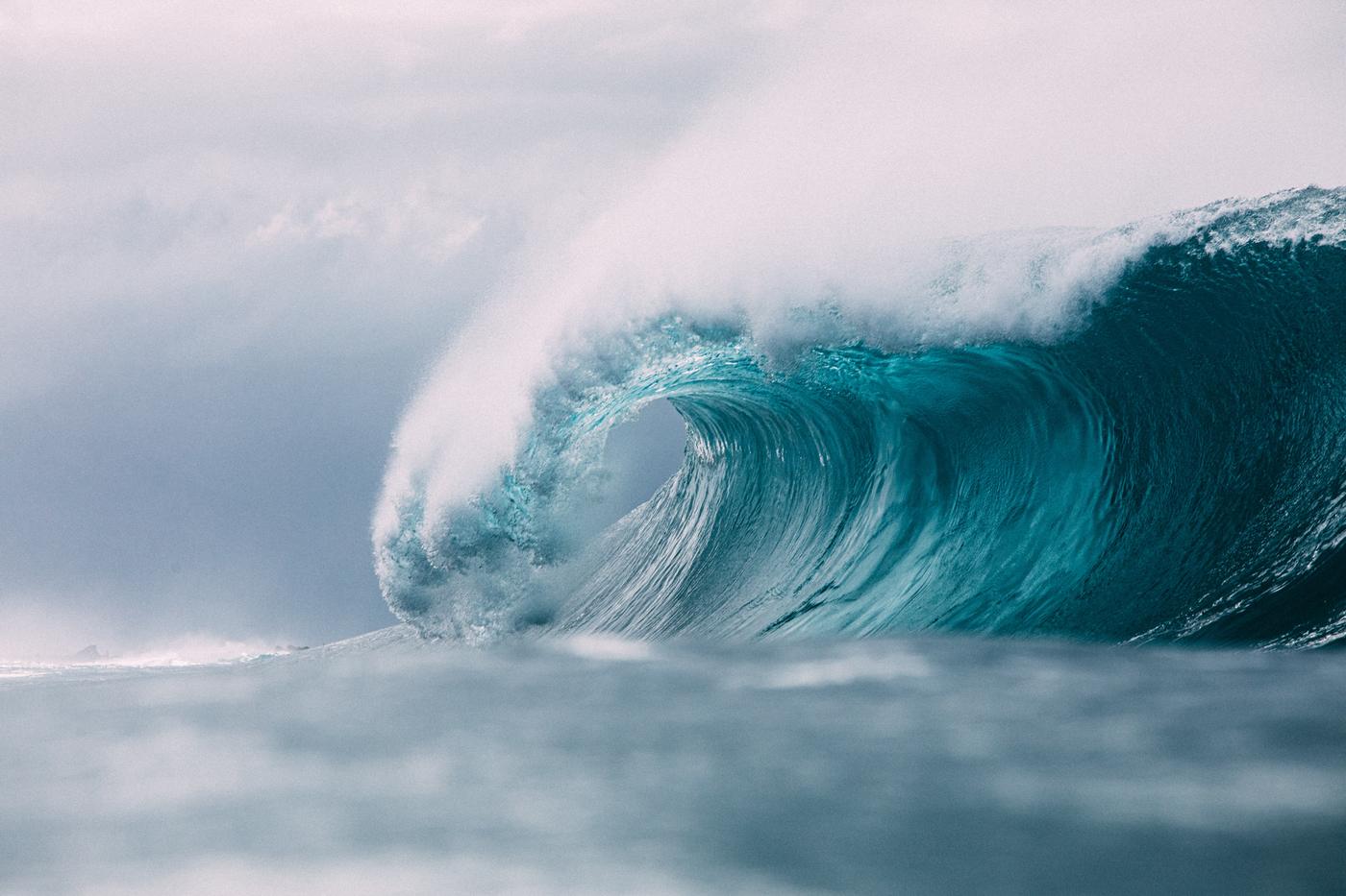 A wave curling over in cold light, the lip beginning to throw forward
